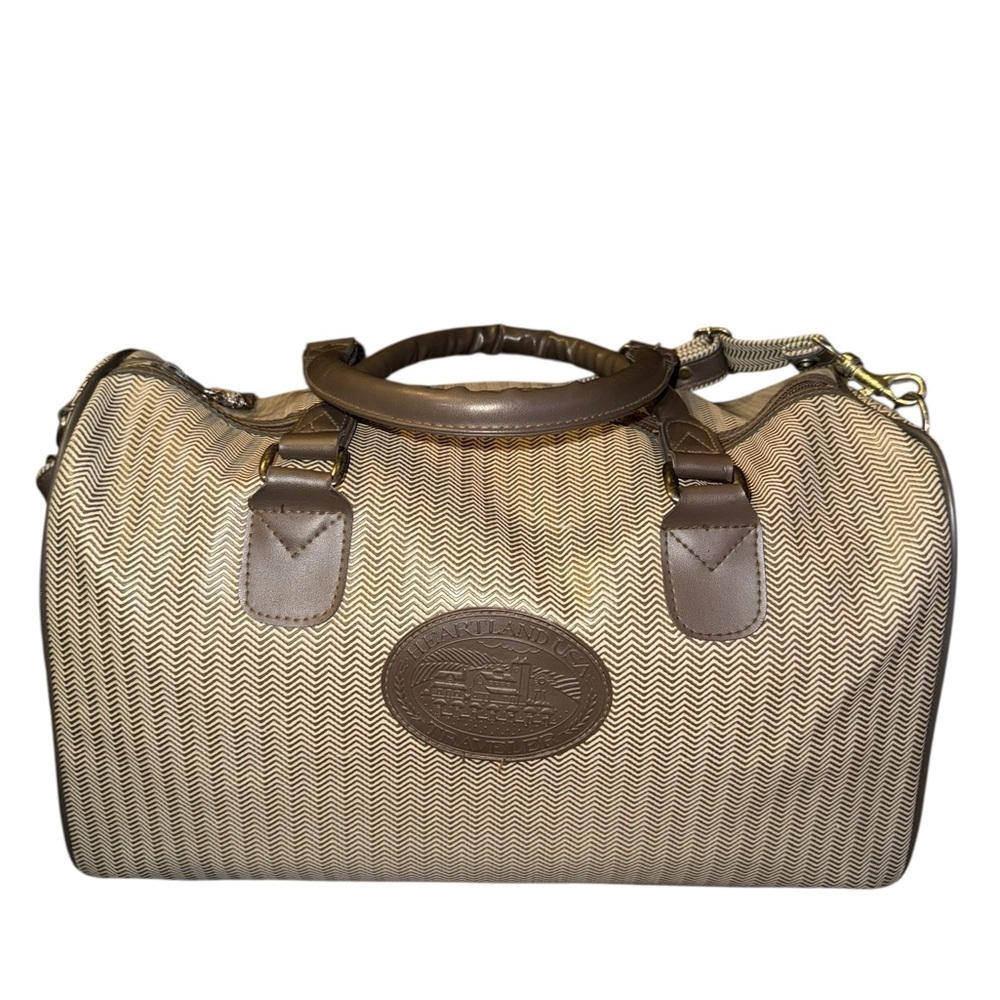 Beige and Brown Patterned Travel Duffel Bag with Top Handles